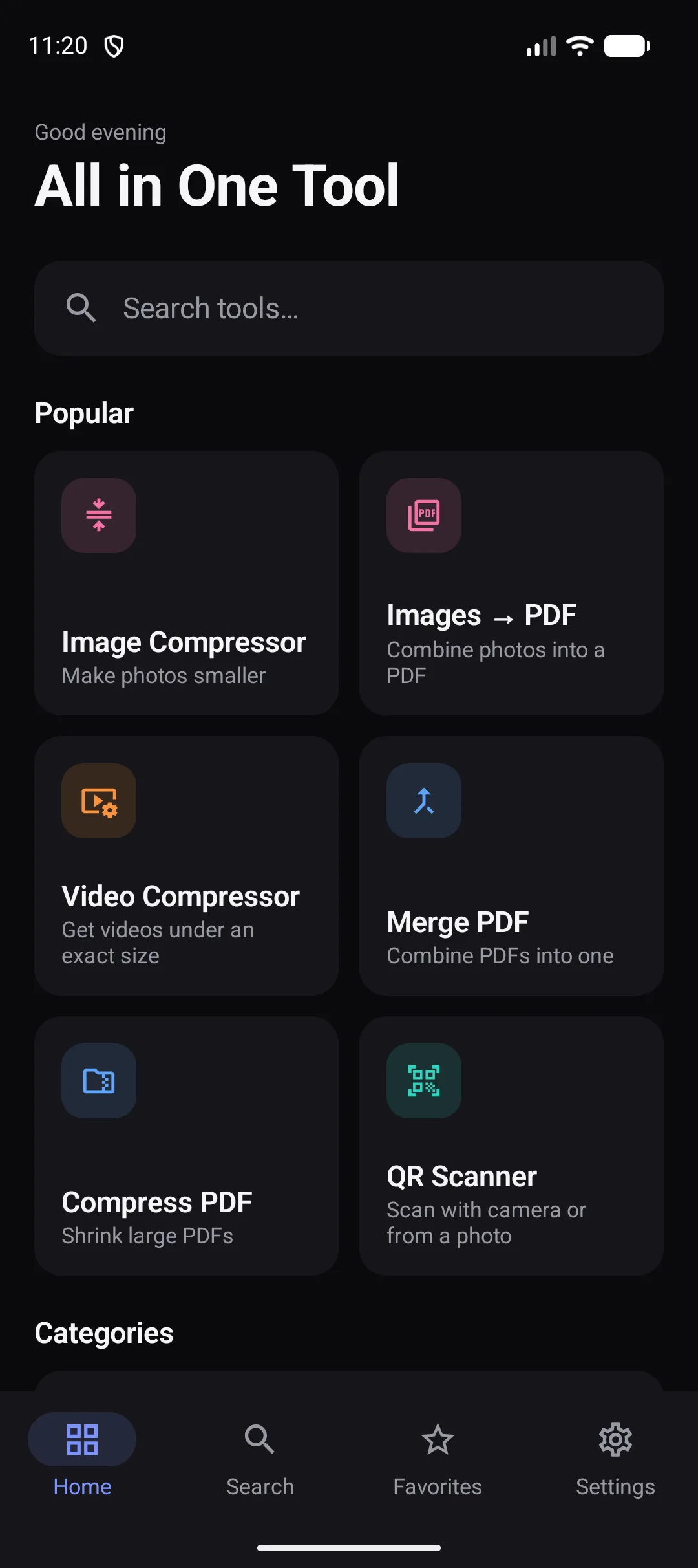All in One Tool home screen on an Android phone