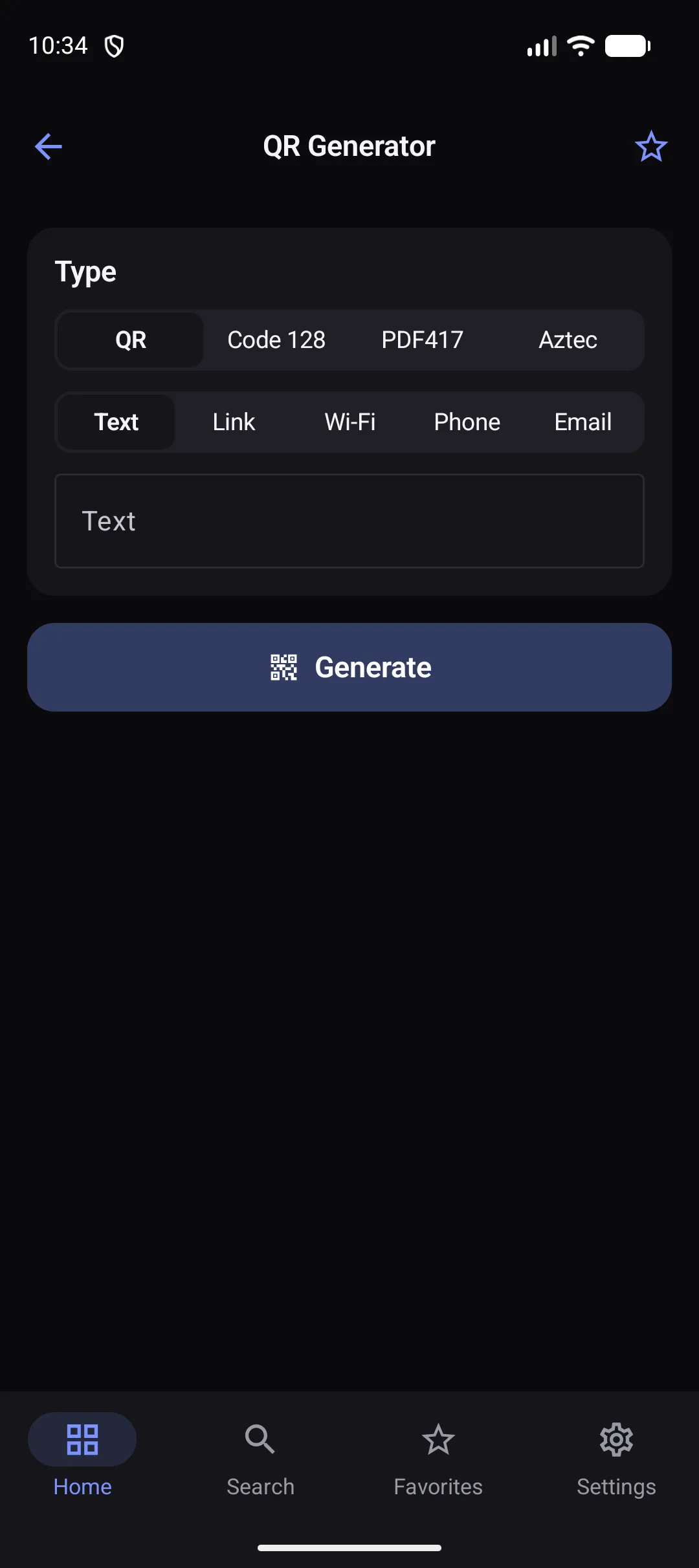 QR Generator on an Android phone: type, content options and a Generate button