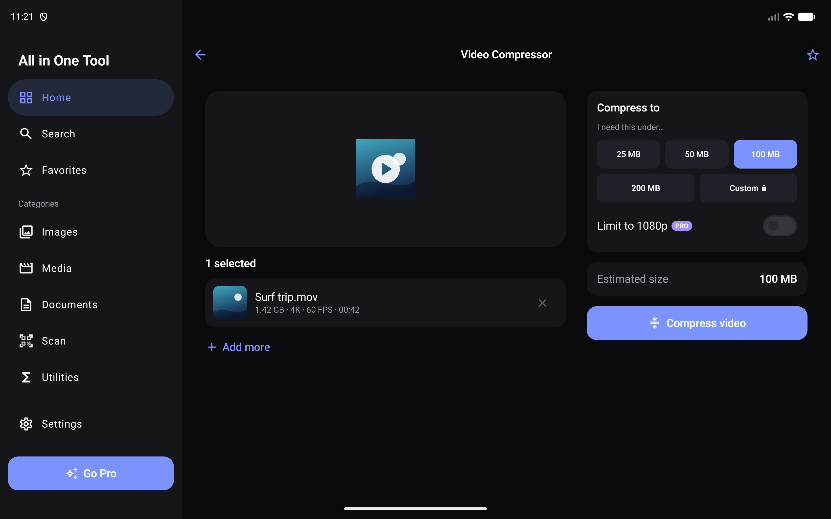 Video Compressor on an Android tablet with navigation drawer and side-by-side preview and controls