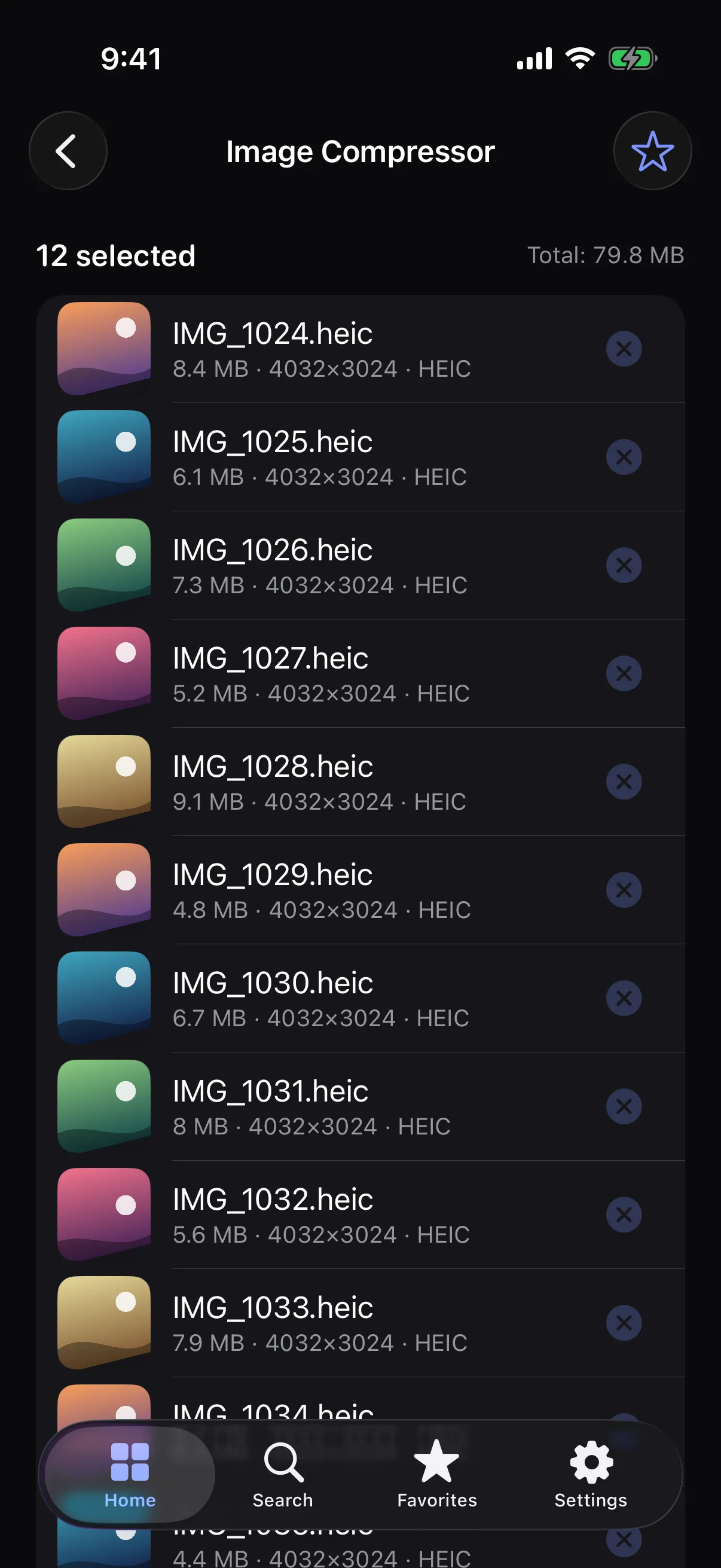 Image Compressor with 12 images selected for batch processing and a total size