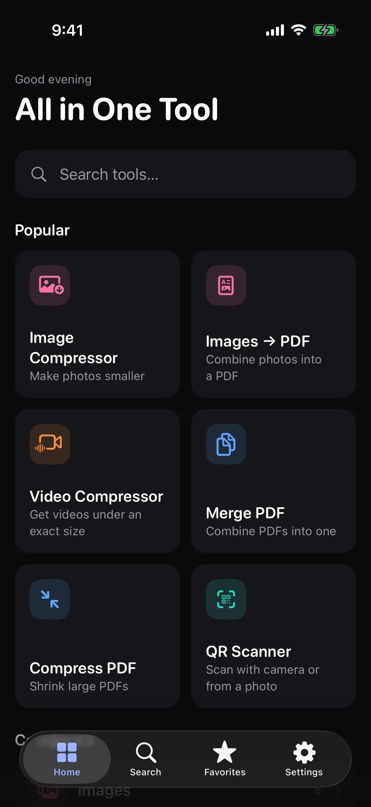 All in One Tool home screen on iPhone with search and popular tools