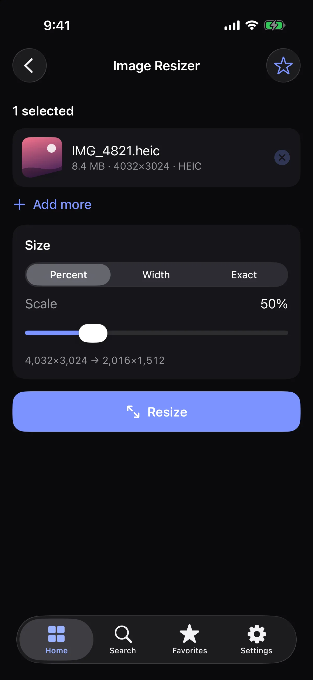 Image Resizer on iPhone with percent, width and exact size modes