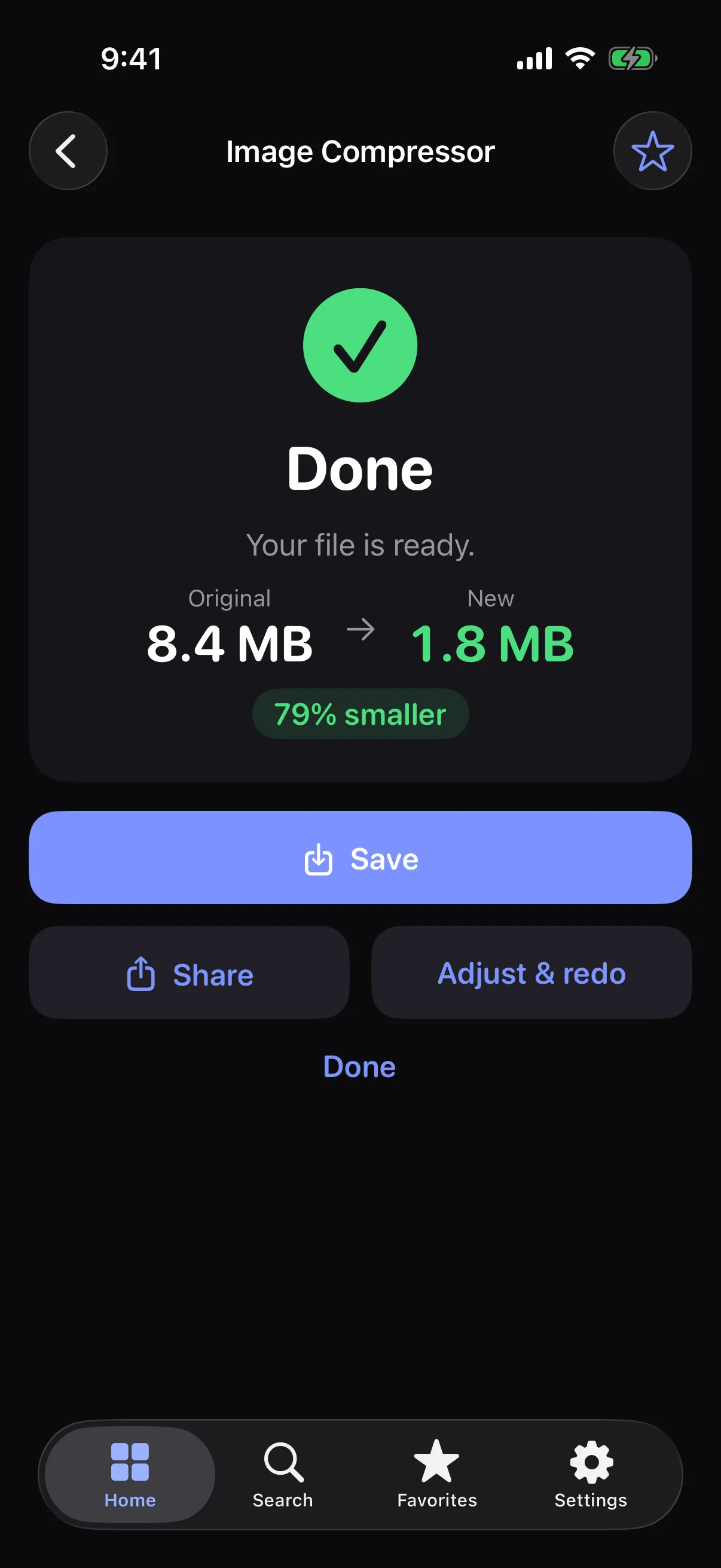 Image Compressor result: 8.4 MB reduced to 1.8 MB, 79 percent smaller