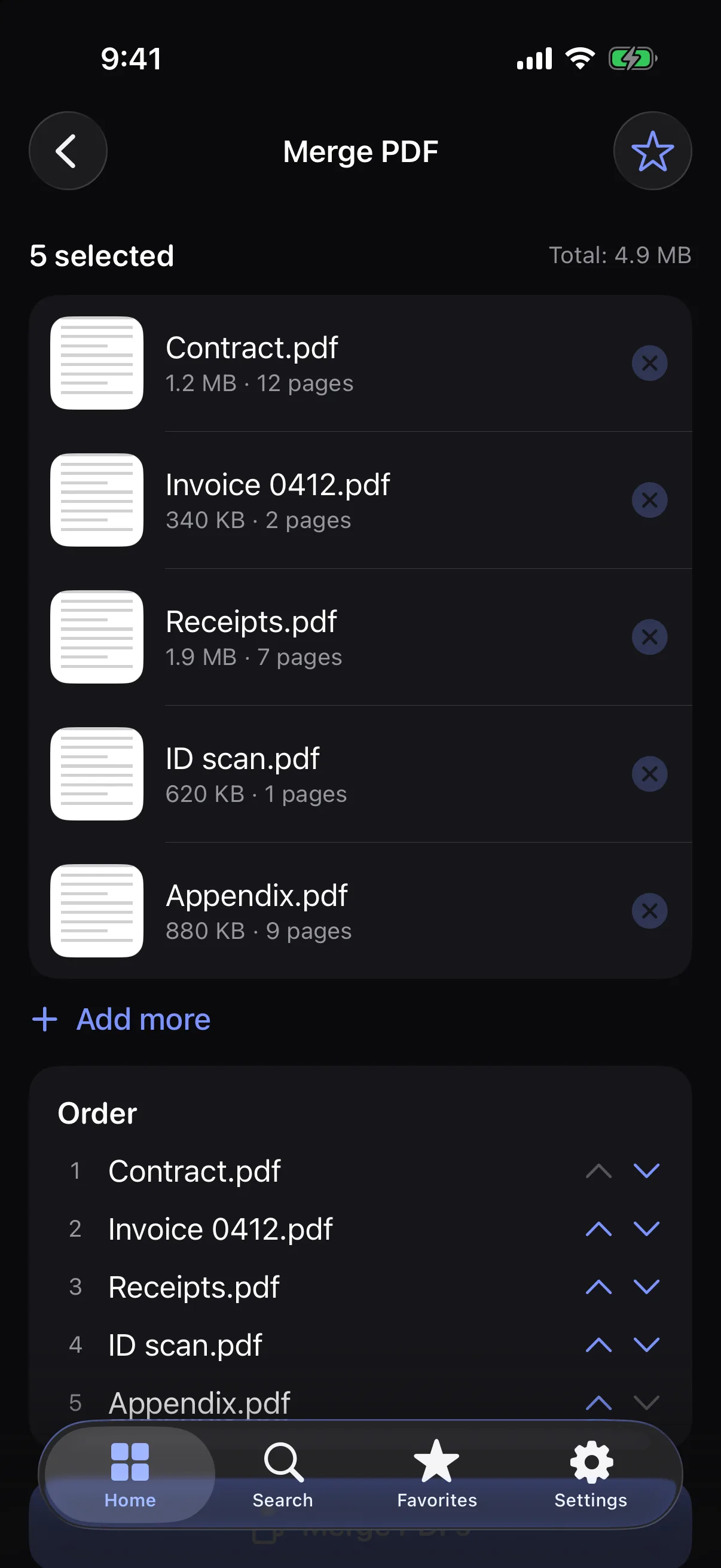 Merge PDF on iPhone: five PDFs selected with page counts and an order list