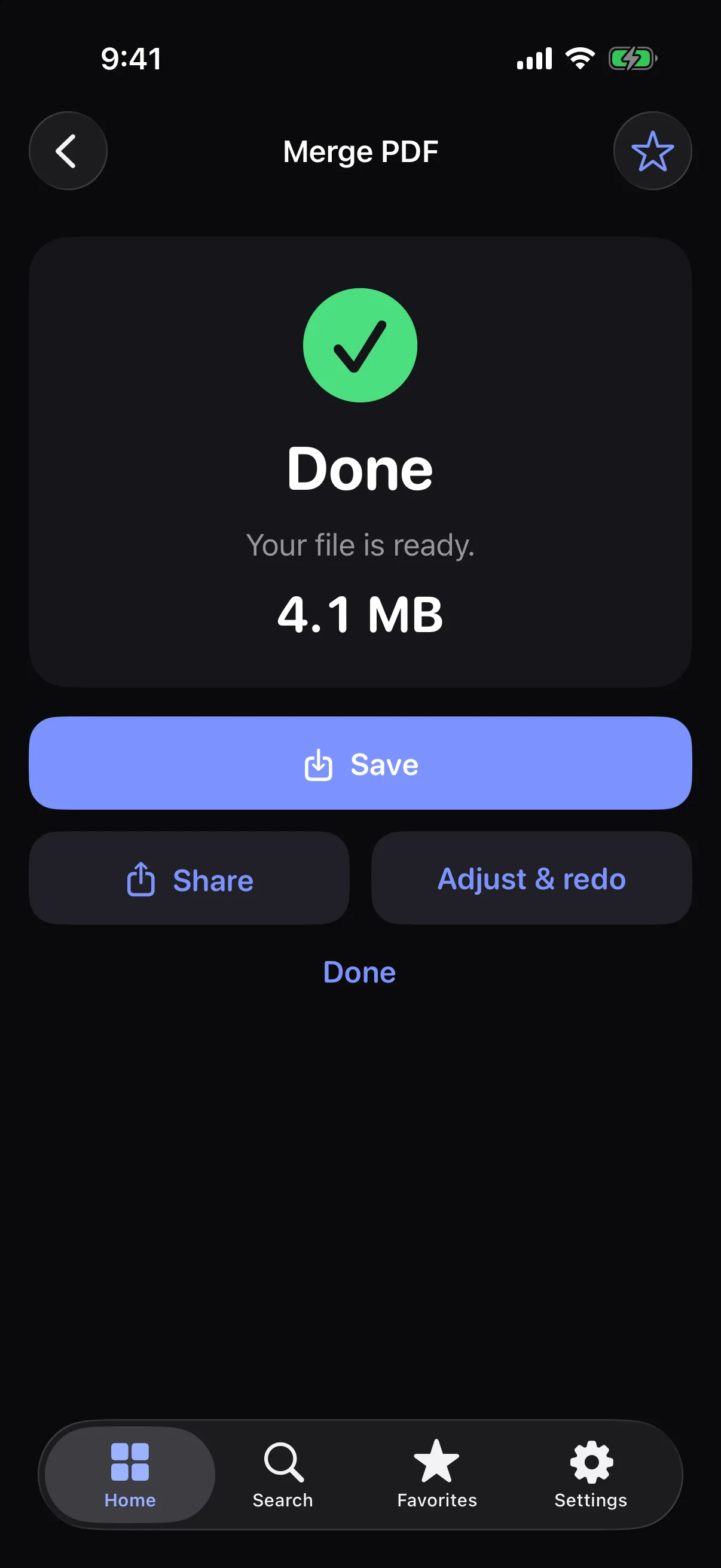 Merge PDF result: one merged 4.1 MB PDF ready to save or share