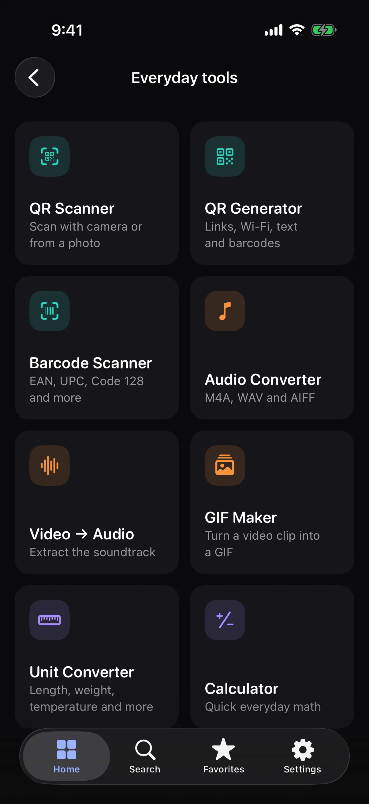 Grid of everyday tools on iPhone including QR Scanner, QR Generator and Barcode Scanner