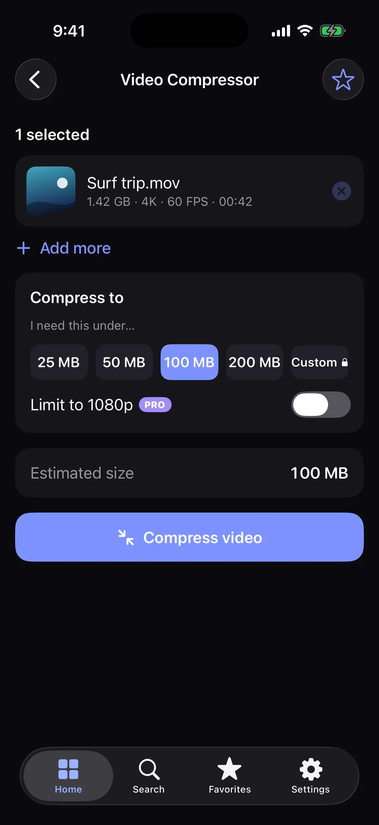 Video Compressor on iPhone: target size options of 25, 50, 100 and 200 MB