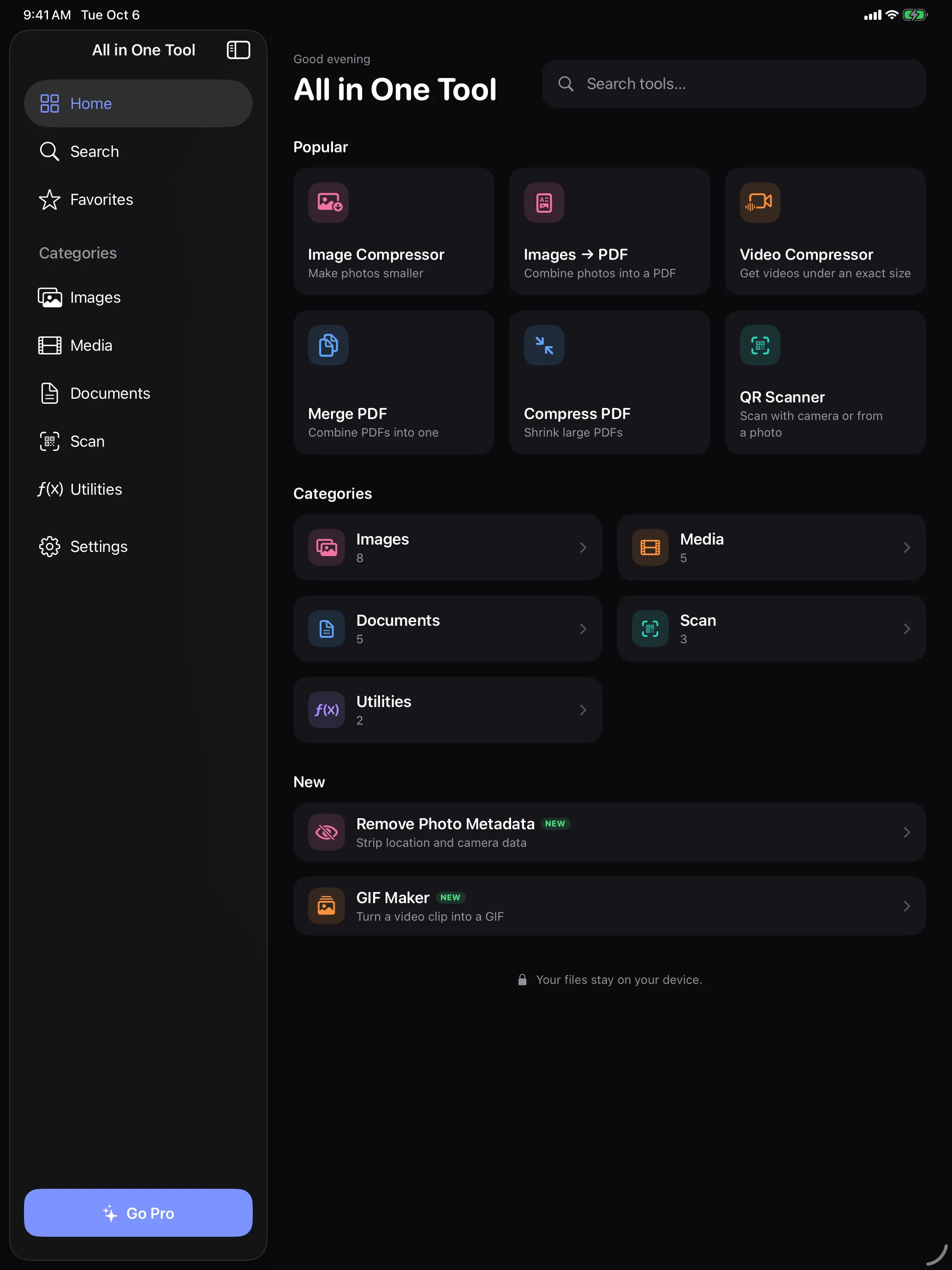 All in One Tool on iPad: persistent sidebar and a multi-column grid of popular tools